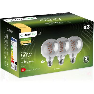 OEM 3 Lampadine Led E27 Sfera G95 6w = 50w 420lm 2200k Luce Calda 360° Filamento Fumé Lumiled OEM 3 Lampadine Led E27 Sfera G95 6w = 50w 420lm 2200k Luce Calda 360° Filamento Fumé Lumiled