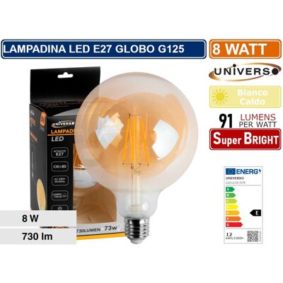 UNIVERSO - Lampadina Led Globo G125 A Filamento Vintage 8w E27 Vetro Ambrato Luce Calda 2600k UNIVERSO - Lampadina Led Globo G125 A Filamento Vintage 8w E27 Vetro Ambrato Luce Calda 2600k