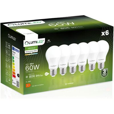 OEM 6 Lampadine Led E27 A60 8w = 60w 806lm 4000k Neutro 260° Lumiled OEM 6 Lampadine Led E27 A60 8w = 60w 806lm 4000k Neutro 260° Lumiled