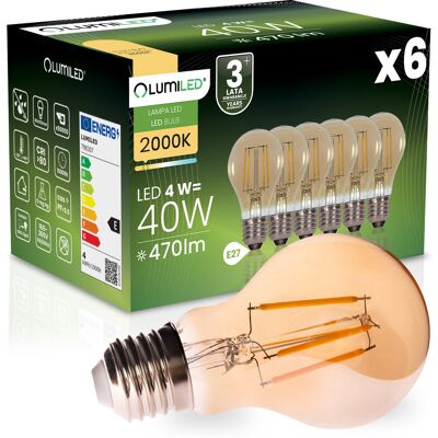 OEM 6 Lampadine Led E27 A60 4w 470lm = 40w 2000k Luce Calda 360° Filamento Ambra Lumiled OEM 6 Lampadine Led E27 A60 4w 470lm = 40w 2000k Luce Calda 360° Filamento Ambra Lumiled