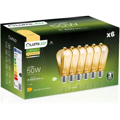 OEM 6 Lampadine Led E27 Edison St64 6w = 50w 660lm 2000k Luce Calda 360° Filamento Ambrato Illuminato OEM 6 Lampadine Led E27 Edison St64 6w = 50w 660lm 2000k Luce Calda 360° Filamento Ambrato Illuminato