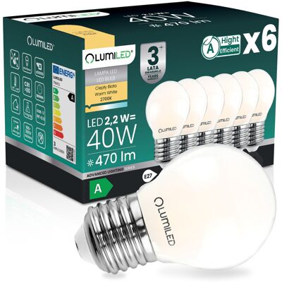 OEM 6 Lampadine Led E27 A Sfera P45 2,2 W 470 Lm = 40 W 2700 K Luce Calda Filamento 360° Lumiled Classe A OEM 6 Lampadine Led E27 A Sfera P45 2,2 W 470 Lm = 40 W 2700 K Luce Calda Filamento 360° Lumiled Classe A