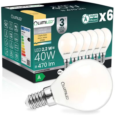 OEM 6 Lampadine Led E14 A Sfera P45 2,2 W 470 Lm = 40 W 2700 K Luce Calda Filamento 360° Lumiled Classe A OEM 6 Lampadine Led E14 A Sfera P45 2,2 W 470 Lm = 40 W 2700 K Luce Calda Filamento 360° Lumiled Classe A