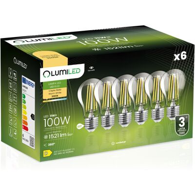 OEM 6 Lampadine Led E27 A60 11w = 100w 1521lm 3000k Luce Calda Filamento Lumiled A 360° OEM 6 Lampadine Led E27 A60 11w = 100w 1521lm 3000k Luce Calda Filamento Lumiled A 360°