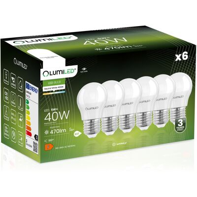 OEM 6 Lampadine Led E27 A Sfera P45 5w = 40w 470lm 4000k Neutro 180° Lumiled OEM 6 Lampadine Led E27 A Sfera P45 5w = 40w 470lm 4000k Neutro 180° Lumiled