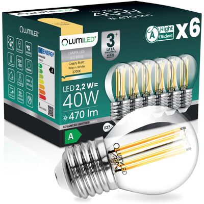 OEM 6 Lampadine Led E27 A Sfera P45 2,2 W 470 Lm = 40 W 2700 K Luce Calda Filamento 360° Lumiled Classe A OEM 6 Lampadine Led E27 A Sfera P45 2,2 W 470 Lm = 40 W 2700 K Luce Calda Filamento 360° Lumiled Classe A