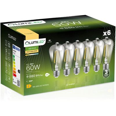 OEM 6 Lampadine Led E27 Edison St64 8w = 60w 880lm 3000k Luce Calda Filamento Lumiled A 360° OEM 6 Lampadine Led E27 Edison St64 8w = 60w 880lm 3000k Luce Calda Filamento Lumiled A 360°