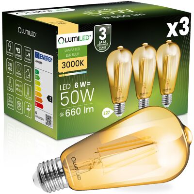 OEM 3 Lampadine Led E27 Edison St64 6w = 50w 660lm 2000k Luce Calda 360° Filamento Ambrato Illuminato OEM 3 Lampadine Led E27 Edison St64 6w = 50w 660lm 2000k Luce Calda 360° Filamento Ambrato Illuminato