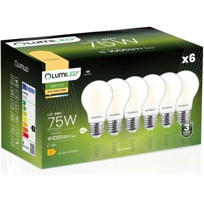 OEM 6 Lampadine Led E27 A60 8w = 75w 1055lm 3000k Luce Calda Filamento Lumiled A 360° OEM 6 Lampadine Led E27 A60 8w = 75w 1055lm 3000k Luce Calda Filamento Lumiled A 360°