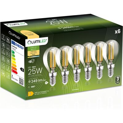 OEM 6 Lampadine Led E14 A Sfera P45 2w = 25w 249lm 3000k Luce Calda Filamento Lumiled A 360° OEM 6 Lampadine Led E14 A Sfera P45 2w = 25w 249lm 3000k Luce Calda Filamento Lumiled A 360°