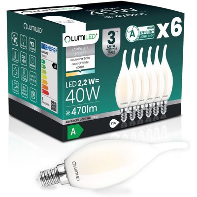 OEM 6 Lampadine Led E14 A Candela Ba35 2,2 W 470 Lm = 40 W 4000 K Neutro 360° Filamento Classe A Lumiled OEM 6 Lampadine Led E14 A Candela Ba35 2,2 W 470 Lm = 40 W 4000 K Neutro 360° Filamento Classe A Lumiled