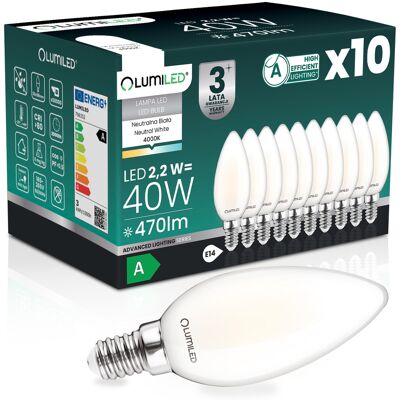 OEM 10 Lampadine Led E14 A Candela B35 2,2 W 470 Lm = 40 W 4000 K Neutro 360° Filamento Classe A Lumiled OEM 10 Lampadine Led E14 A Candela B35 2,2 W 470 Lm = 40 W 4000 K Neutro 360° Filamento Classe A Lumiled