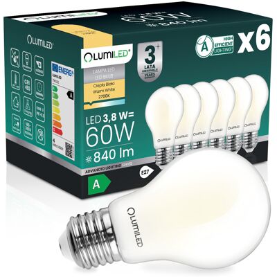 OEM 6 Lampadine Led E27 A60 3,8 W 840 Lm = 60 W 2700 K Luce Calda Filamento 360° Lumiled Classe A OEM 6 Lampadine Led E27 A60 3,8 W 840 Lm = 60 W 2700 K Luce Calda Filamento 360° Lumiled Classe A
