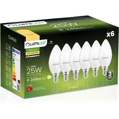 OEM 6 Lampadine Led E14 A Candela B35 2,5w = 25w 249lm 3000k Luce Calda 180° Lumiled OEM 6 Lampadine Led E14 A Candela B35 2,5w = 25w 249lm 3000k Luce Calda 180° Lumiled