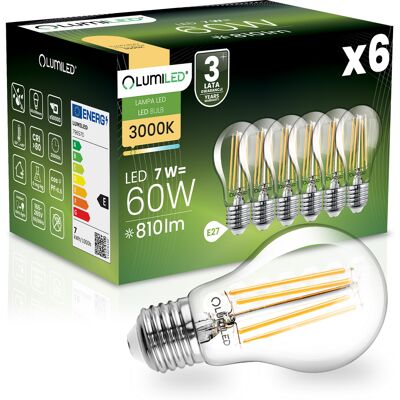 OEM 6 Lampadine Led E27 A60 7w = 60w 810lm 3000k Luce Calda Filamento Lumiled A 360° OEM 6 Lampadine Led E27 A60 7w = 60w 810lm 3000k Luce Calda Filamento Lumiled A 360°