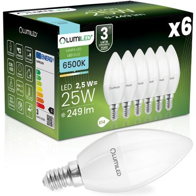 OEM 6 Lampadine Led E14 A Candela B35 2,5w = 25w 249lm 6500k Luce Fredda 180° Lumiled OEM 6 Lampadine Led E14 A Candela B35 2,5w = 25w 249lm 6500k Luce Fredda 180° Lumiled
