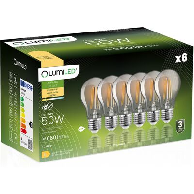 OEM 6 Lampadine Led E27 A60 6w = 50w 660lm 2200k Luce Calda 360° Filamento Fumé Lumiled OEM 6 Lampadine Led E27 A60 6w = 50w 660lm 2200k Luce Calda 360° Filamento Fumé Lumiled