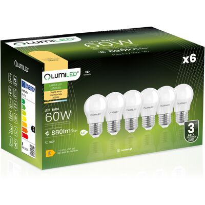 OEM 6 Lampadine Led E27 A Sfera P45 8w = 60w 880lm 3000k Luce Calda 180° Lumiled OEM 6 Lampadine Led E27 A Sfera P45 8w = 60w 880lm 3000k Luce Calda 180° Lumiled