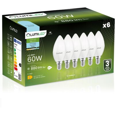 OEM 6 Lampadine Led E14 A Candela B35 8w = 60w 880lm 6500k Luce Fredda 180° Lumiled OEM 6 Lampadine Led E14 A Candela B35 8w = 60w 880lm 6500k Luce Fredda 180° Lumiled