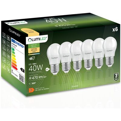 OEM 6 Lampadine Led E27 A Sfera P45 5w = 40w 470lm 3000k Luce Calda 180° Lumiled OEM 6 Lampadine Led E27 A Sfera P45 5w = 40w 470lm 3000k Luce Calda 180° Lumiled