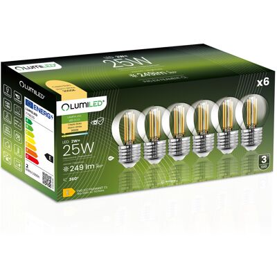 OEM 6 Lampadine Led E27 A Sfera P45 2w = 25w 249lm 3000k Luce Calda Filamento Illuminato A 360° OEM 6 Lampadine Led E27 A Sfera P45 2w = 25w 249lm 3000k Luce Calda Filamento Illuminato A 360°