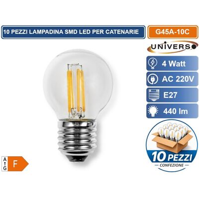 UNIVERSO Confezione 10 Pezzi G45a-10c Lampadina Led Smd Potenza 4w G45 Ac220v 440lm Bianco Caldo 2700k Ideale Per Catenarie UNIVERSO Confezione 10 Pezzi G45a-10c Lampadina Led Smd Potenza 4w G45 Ac220v 440lm Bianco Caldo 2700k Ideale Per Catenarie