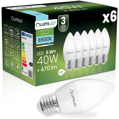 OEM 6 Lampadine Led E27 A Candela B35 5w = 40w 470lm 6500k Luce Fredda 180° Lumiled OEM 6 Lampadine Led E27 A Candela B35 5w = 40w 470lm 6500k Luce Fredda 180° Lumiled