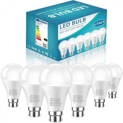 OEM Lampadina Led A60 B22, Super Luminosa Da 9w, Equivalente A Una Lampadina A Incandescenza Da 60w, Attacco A Baionetta, Luce Bianca Fredda 6500k, Non Dimmerabile, Confezione Da 6 OEM Lampadina Led A60 B22, Super Luminosa Da 9w, Equivalente A Una Lampadina A Incandescenza Da 60w, Attacco A Baionetta, Luce Bianca Fredda 6500k, Non Dimmerabile, Confezione Da 6