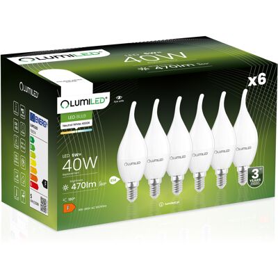 OEM 6 Lampadine Led E14 A Candela Ba35 5w = 40w 470lm 4000k Neutro 180° Lumiled OEM 6 Lampadine Led E14 A Candela Ba35 5w = 40w 470lm 4000k Neutro 180° Lumiled