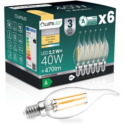 OEM 6 Lampadine Led E14 A Candela Ba35 2,2 W 470 Lm = 40 W 2700 K Luce Calda Filamento 360° Lumiled Classe A OEM 6 Lampadine Led E14 A Candela Ba35 2,2 W 470 Lm = 40 W 2700 K Luce Calda Filamento 360° Lumiled Classe A