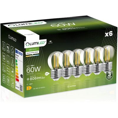 OEM 6 Lampadine Led E27 A Sfera P45 7w = 60w 806lm 4000k Neutro Filamento Lumiled A 360° OEM 6 Lampadine Led E27 A Sfera P45 7w = 60w 806lm 4000k Neutro Filamento Lumiled A 360°