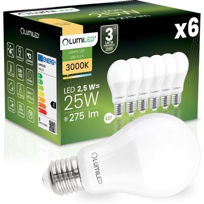 OEM 6 Lampadine Led E27 A60 2,5w = 25w 275lm 3000k Luce Calda 260° Lumiled OEM 6 Lampadine Led E27 A60 2,5w = 25w 275lm 3000k Luce Calda 260° Lumiled