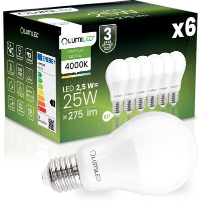 OEM 6 Lampadine Led E27 A60 2,5w = 25w 275lm 4000k Neutro 260° Lumiled OEM 6 Lampadine Led E27 A60 2,5w = 25w 275lm 4000k Neutro 260° Lumiled