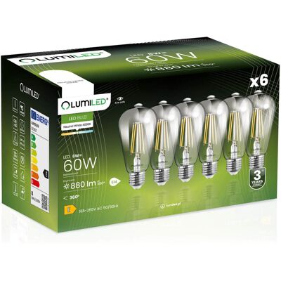 OEM 6 Lampadine Led E27 Edison St64 8w = 60w 880lm 4000k Neutro Filamento Lumiled A 360° OEM 6 Lampadine Led E27 Edison St64 8w = 60w 880lm 4000k Neutro Filamento Lumiled A 360°
