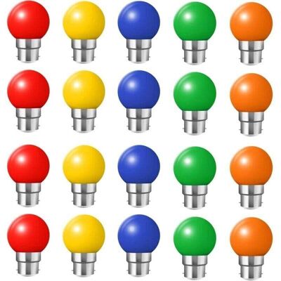 OEM Confezione Da 20 Lampadine Led B22 Colorate (rosso, Giallo, Arancione, Verde, Blu), 2w, Infrangibili, Equivalenti A 20w OEM Confezione Da 20 Lampadine Led B22 Colorate (rosso, Giallo, Arancione, Verde, Blu), 2w, Infrangibili, Equivalenti A 20w