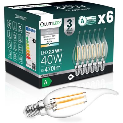 OEM 6 Lampadine Led E14 A Candela Ba35 2,2 W 470 Lm = 40 W 4000 K Neutro 360° Filamento Classe A Lumiled OEM 6 Lampadine Led E14 A Candela Ba35 2,2 W 470 Lm = 40 W 4000 K Neutro 360° Filamento Classe A Lumiled