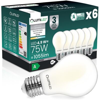 OEM 6 Lampadine Led E27 A60 4,9 W 1055 Lm = 75 W 4000 K Neutro Filamento 360° Lumiled Classe A OEM 6 Lampadine Led E27 A60 4,9 W 1055 Lm = 75 W 4000 K Neutro Filamento 360° Lumiled Classe A