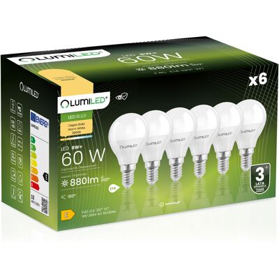 OEM 6 Lampadine Led E14 A Sfera P45 8w = 60w 880lm 3000k Luce Calda 180° Lumiled OEM 6 Lampadine Led E14 A Sfera P45 8w = 60w 880lm 3000k Luce Calda 180° Lumiled