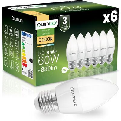 OEM 6 Lampadine Led E27 A Candela B35 8w = 60w 880lm 3000k Luce Calda 180° Lumiled OEM 6 Lampadine Led E27 A Candela B35 8w = 60w 880lm 3000k Luce Calda 180° Lumiled