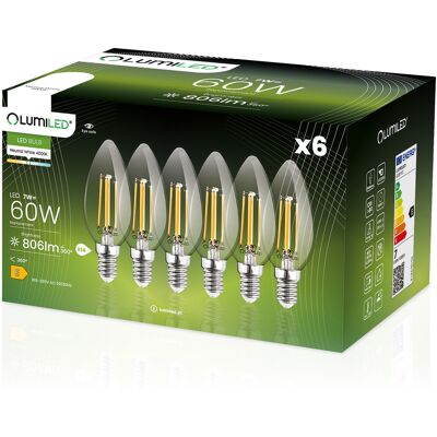 OEM 6 Lampadine Led E14 A Candela B35 7w = 60w 806lm 4000k Neutro Filamento Lumiled A 360° OEM 6 Lampadine Led E14 A Candela B35 7w = 60w 806lm 4000k Neutro Filamento Lumiled A 360°