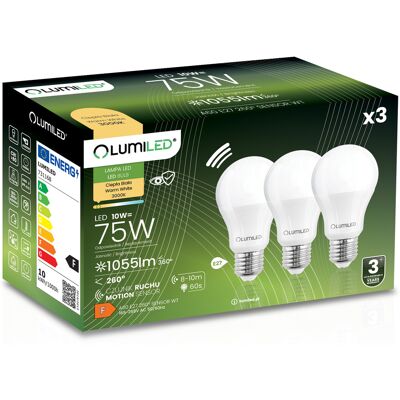 OEM 3 Lampadine Led E27 A60 10w = 75w 1055lm 3000k Luce Calda 260° Con Sensore Di Movimento Lumiled OEM 3 Lampadine Led E27 A60 10w = 75w 1055lm 3000k Luce Calda 260° Con Sensore Di Movimento Lumiled