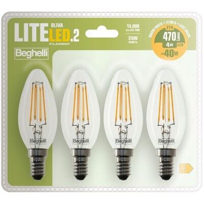 Beghelli Lampadina Filamento Led2 Oliva E14 4w 2700k Pz.4 Beghelli Lampadina Filamento Led2 Oliva E14 4w 2700k Pz.4