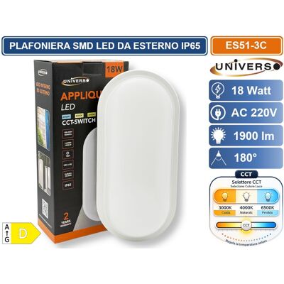 UNIVERSO Es51-3c Plafoniera Led Da Esterno Ip65 18w Forma Ovale Colore Bianco Con Switch Cct Per Selezione Luce 3000k/4000k/6500k UNIVERSO Es51-3c Plafoniera Led Da Esterno Ip65 18w Forma Ovale Colore Bianco Con Switch Cct Per Selezione Luce 3000k/4000k/6500k