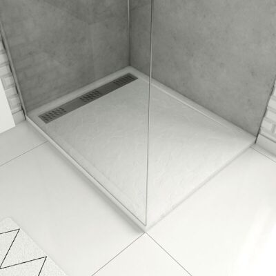 AURLANE - Piatto Doccia In Acrilico Bianco Effetto Pietra 80x100x4 Cm - Griglia Lineare Cromata - Moon AURLANE - Piatto Doccia In Acrilico Bianco Effetto Pietra 80x100x4 Cm - Griglia Lineare Cromata - Moon
