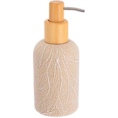 TENDANCE Distributore Di Sapone Rotondo In Poliresina Con Motivo Botanico E Pompa In Bambù, 360 Ml, Beige - TENDANCE Distributore Di Sapone Rotondo In Poliresina Con Motivo Botanico E Pompa In Bambù, 360 Ml, Beige -