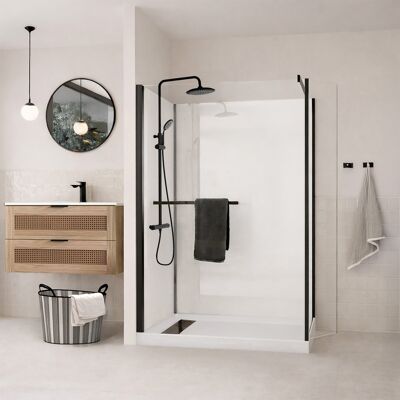 AURLANE Box Doccia Walk-in 120x90 Con Colonna Nera E Piatto Basso AURLANE Box Doccia Walk-in 120x90 Con Colonna Nera E Piatto Basso
