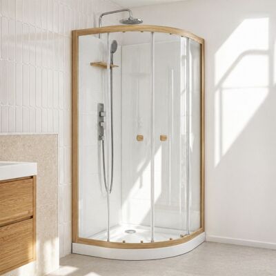 AURLANE Cabina Doccia 1/4 Círculo 90x90x200/230cm Effetto Legno E Fondo Bianco - Piatto Doccia Basso AURLANE Cabina Doccia 1/4 Círculo 90x90x200/230cm Effetto Legno E Fondo Bianco - Piatto Doccia Basso