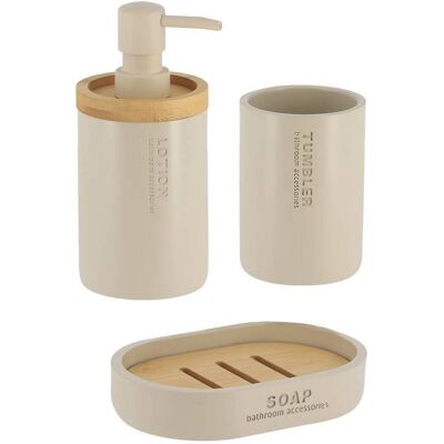 TENDANCE Set Composto Da Bicchiere, Dispenser Per Sapone E Portasapone In Poliresina E Bambù Beige - TENDANCE Set Composto Da Bicchiere, Dispenser Per Sapone E Portasapone In Poliresina E Bambù Beige -