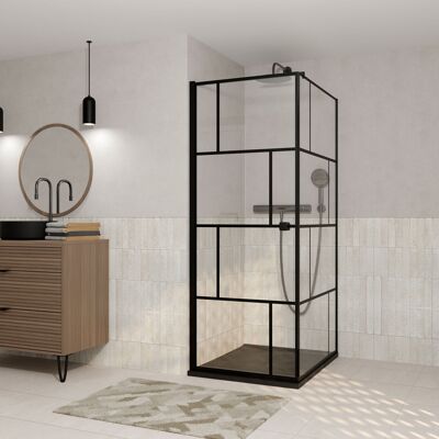 AURLANE Porta Doccia Pivotante 90x180cm E Parete Laterale 90 - Motivo A Mattoni Neri - Vetro Da 5mm AURLANE Porta Doccia Pivotante 90x180cm E Parete Laterale 90 - Motivo A Mattoni Neri - Vetro Da 5mm