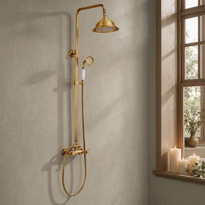 AURALUM Colonna Doccia Retro Ottone Anticato Con Miscelatore 2 Maniglie, 2 Uscite Acqua, Soffione, Doccetta, Altezza Regolabile 87,5-126,4 Cm AURALUM Colonna Doccia Retro Ottone Anticato Con Miscelatore 2 Maniglie, 2 Uscite Acqua, Soffione, Doccetta, Altezza Regolabile 87,5-126,4 Cm